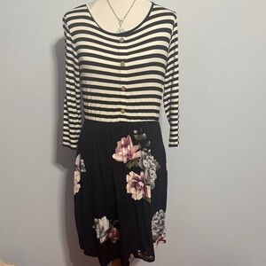 ODDY Black & White Striped Bodice Floral Midi Dress